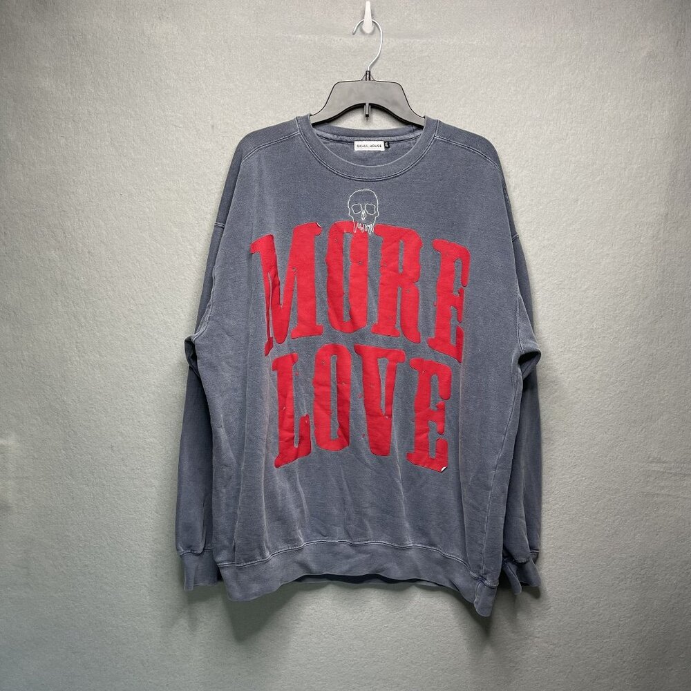 Skull House "More Love" Graphic Sweatshirt L/XL Gray & Red Pullover